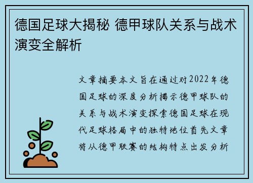 德国足球大揭秘 德甲球队关系与战术演变全解析