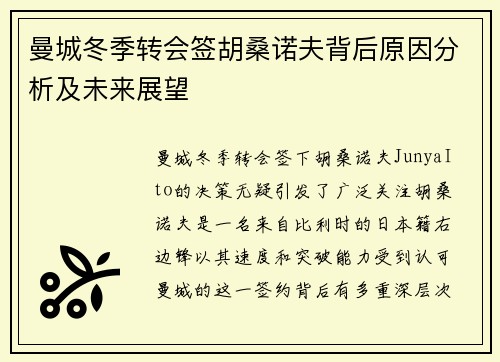 曼城冬季转会签胡桑诺夫背后原因分析及未来展望